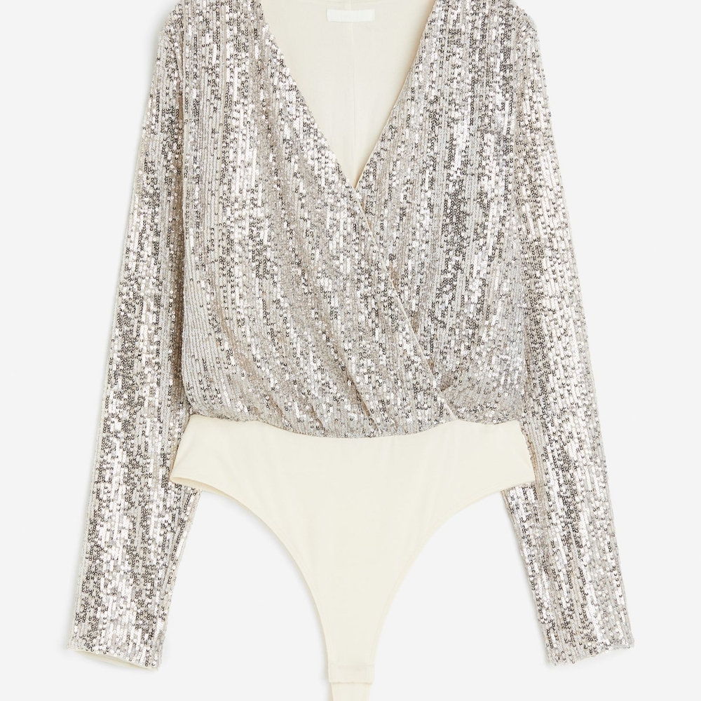 Cream and Silver Sequin Wrap Bodysuit with Long Sleeves
